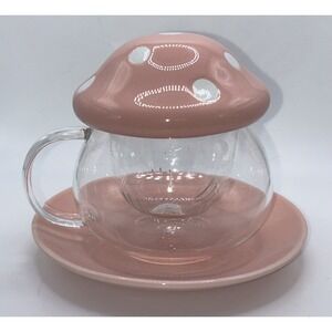 Pink Polka Dot Mushroom Tea Infuser Retro Glass Tea Pot Alice in Wonderland